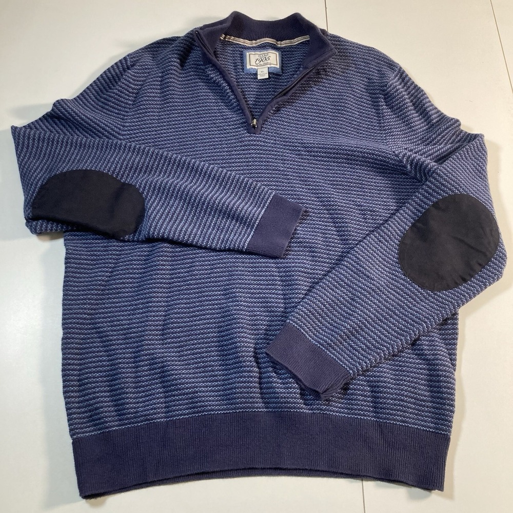 Jos. A. Bank Pullover Sweater XL 1/4 Zip Blue Geometric Houndstooth Elbow Patch